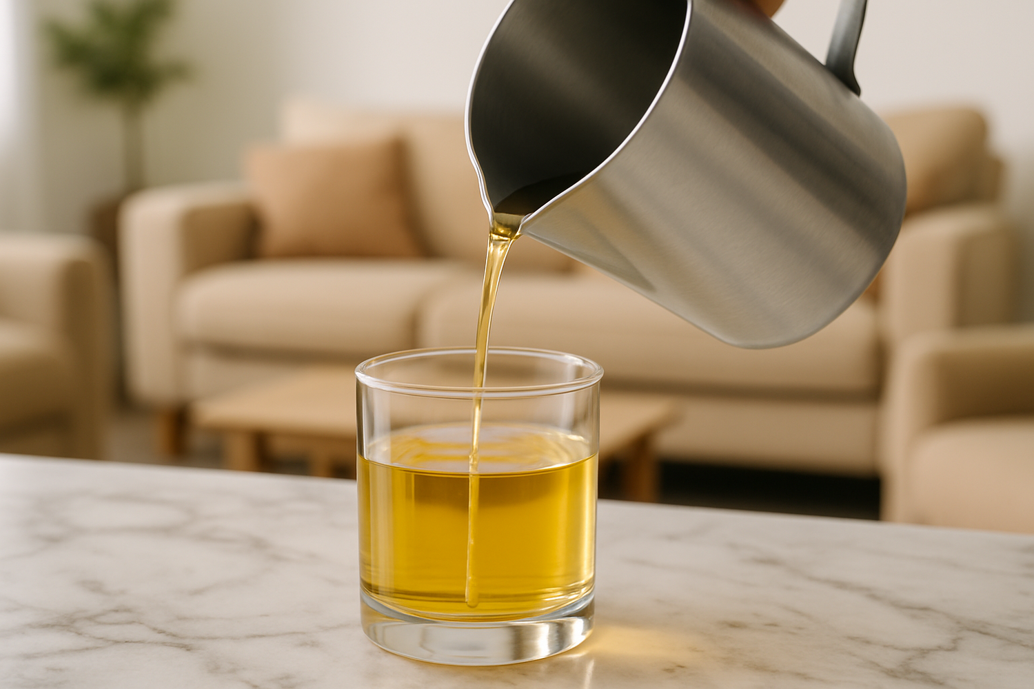 A picture of a candle being made on a marble counter with a pitcher pouring wax into clear vessel with a wick inside. The background will be a white wall living room with tan furniture with a blurred background.