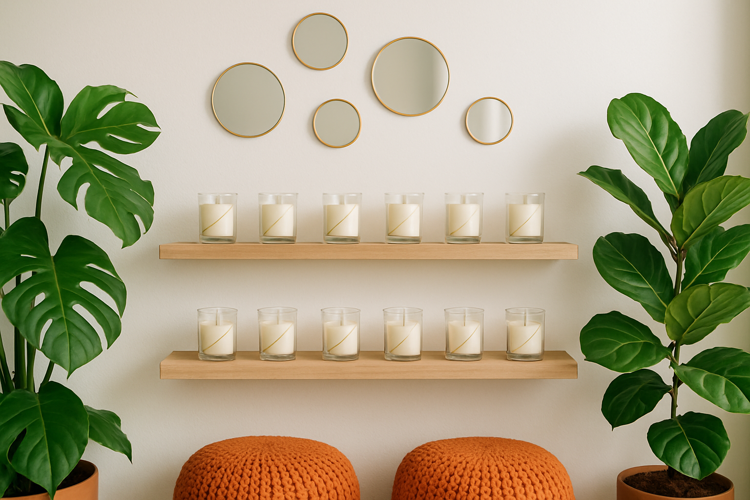 Two light wood shelves on a white wall with big houseplants on the side and a few small circle mirrors on the wall above them. On the shelves are white candles in a glass vessel that are the same size with a few gold lines in them. Add two orange knitted ottoman stools under the shelves but only showing the top of the stool.